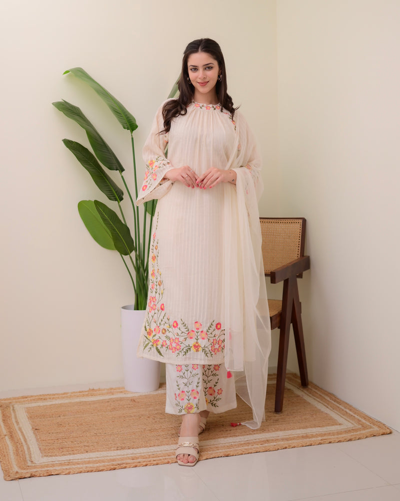 Ivory Threadwork A Line Cotton Pakistani Suit