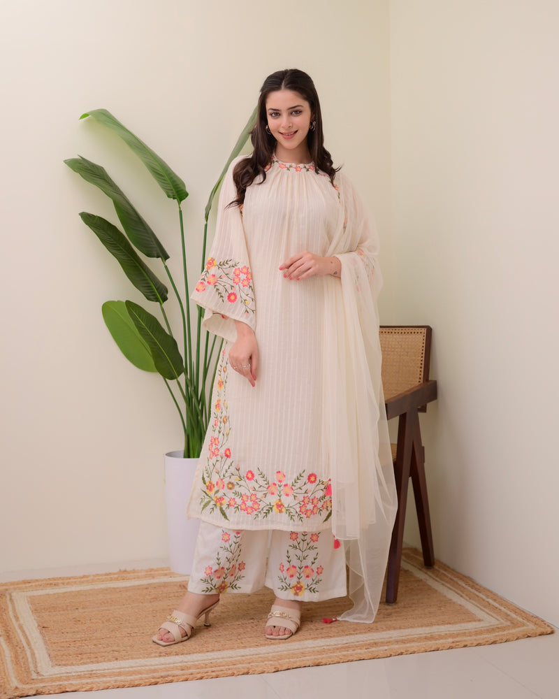 Ivory Threadwork A Line Cotton Pakistani Suit