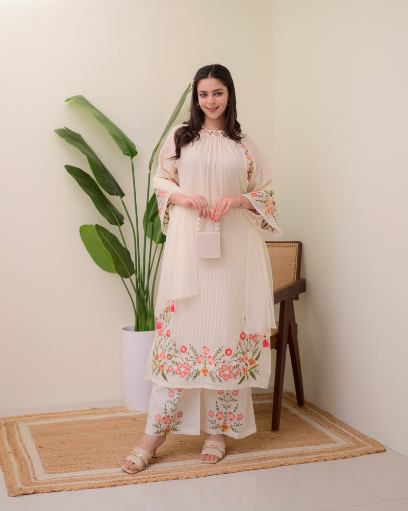 Ivory Threadwork A Line Cotton Pakistani Suit