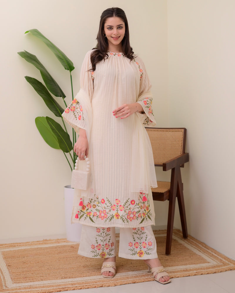 Ivory Threadwork A Line Cotton Pakistani Suit