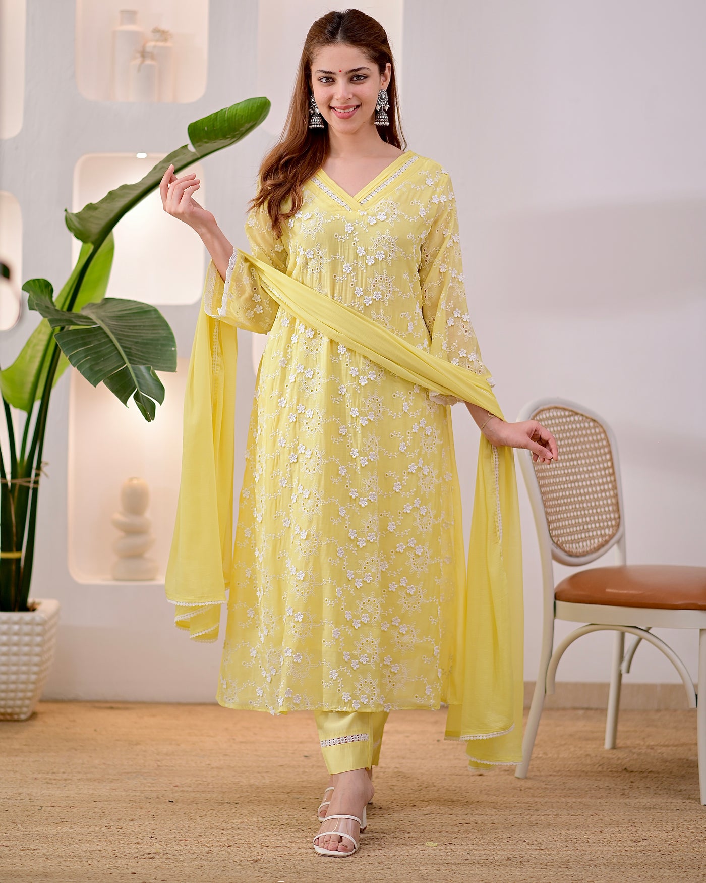 Lemon Yellow Schiffli Mul Chanderi A Line Suit