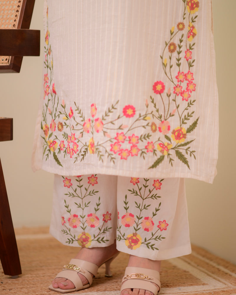 Ivory Threadwork A Line Cotton Pakistani Suit