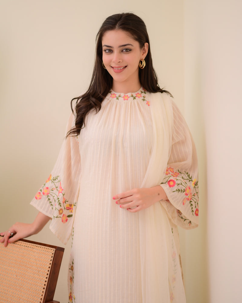 Ivory Threadwork A Line Cotton Pakistani Suit