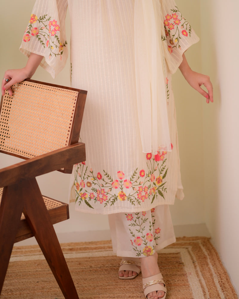 Ivory Threadwork A Line Cotton Pakistani Suit
