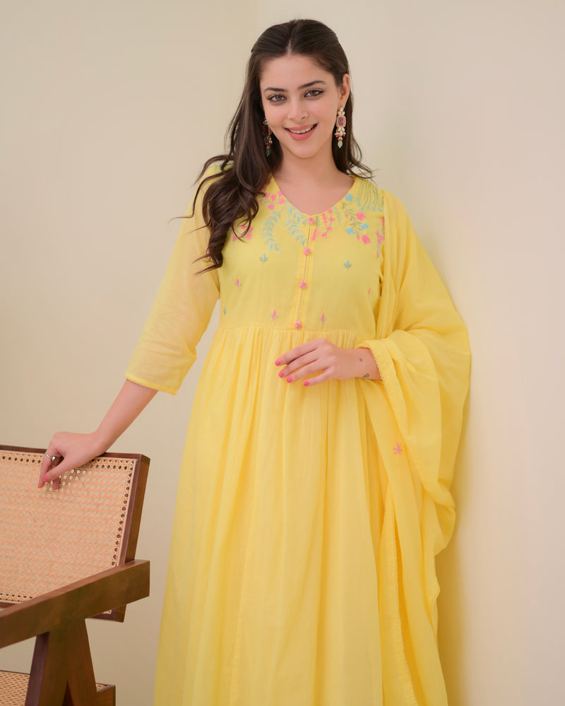 Yellow Mul Cotton Threadwork A Line Suit
