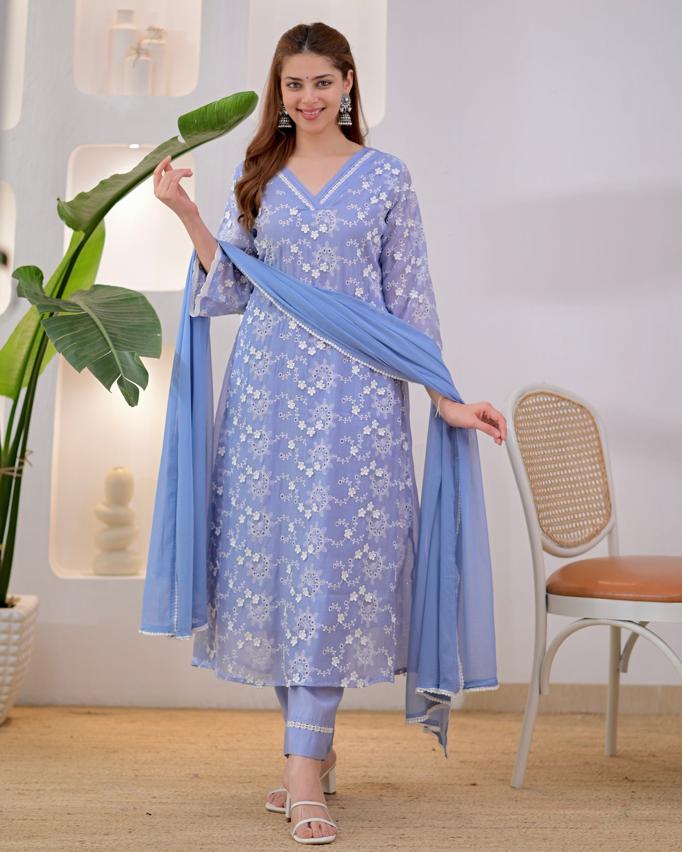 Powder Blue Schiffli Mul Chanderi A Line Suit