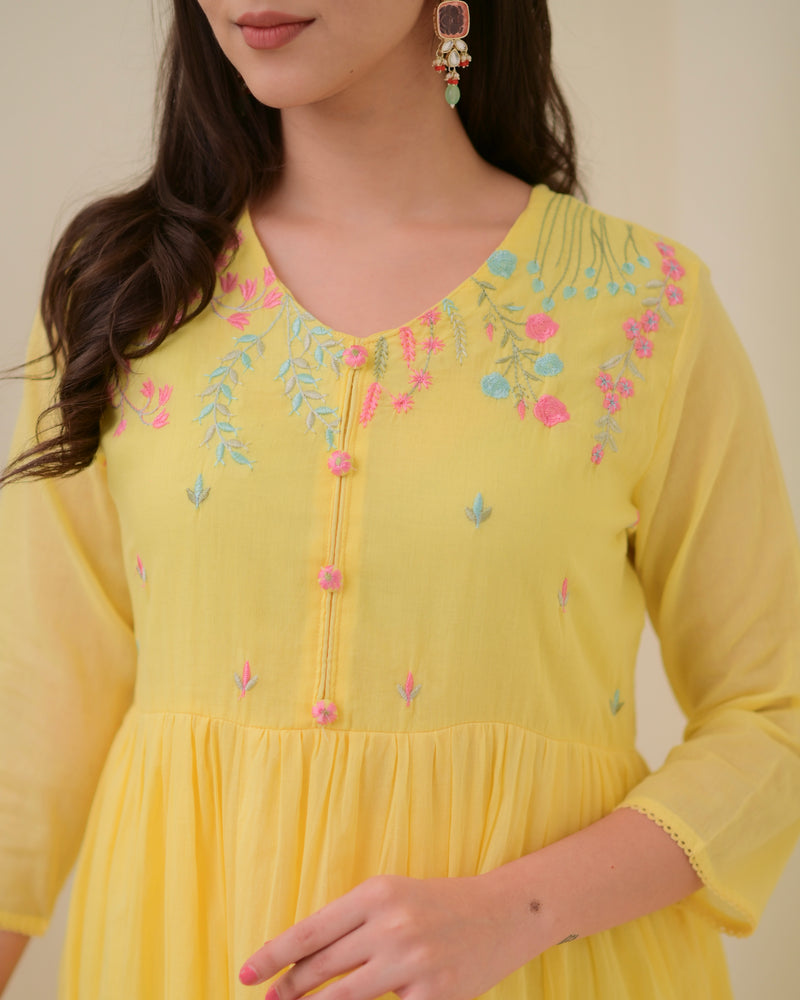 Yellow Mul Cotton Threadwork A Line Suit