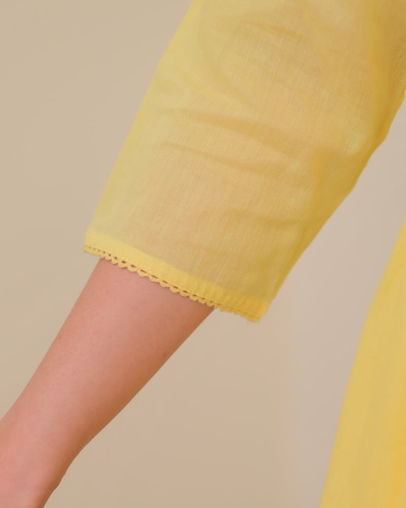 Yellow Mul Cotton Threadwork A Line Suit