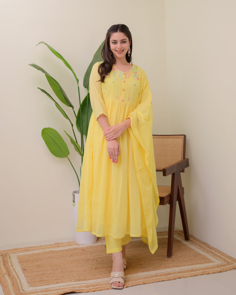 Yellow Mul Cotton Threadwork A Line Suit