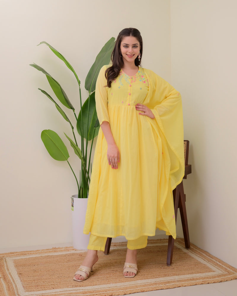 Yellow Mul Cotton Threadwork A Line Suit