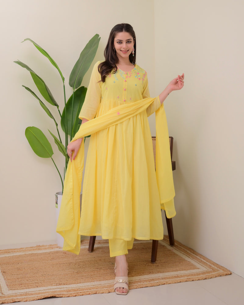 Yellow Mul Cotton Threadwork A Line Suit