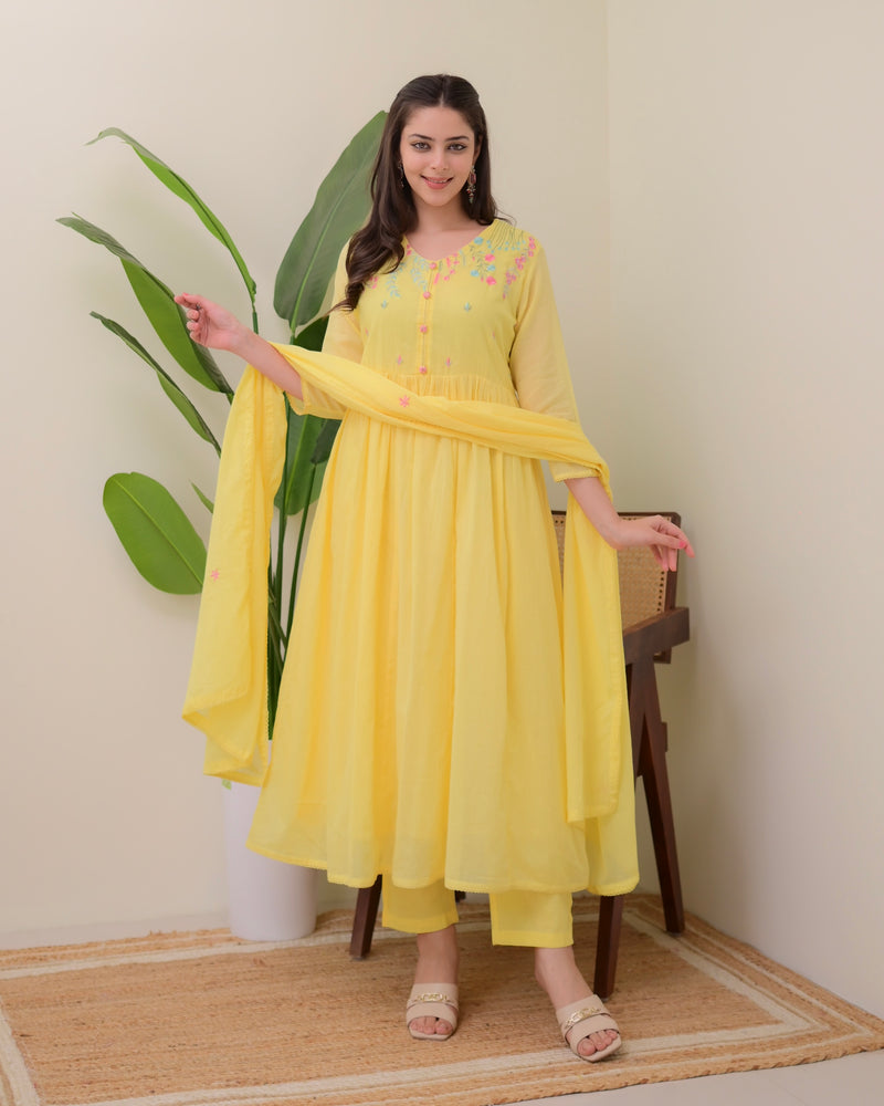Yellow Mul Cotton Threadwork A Line Suit