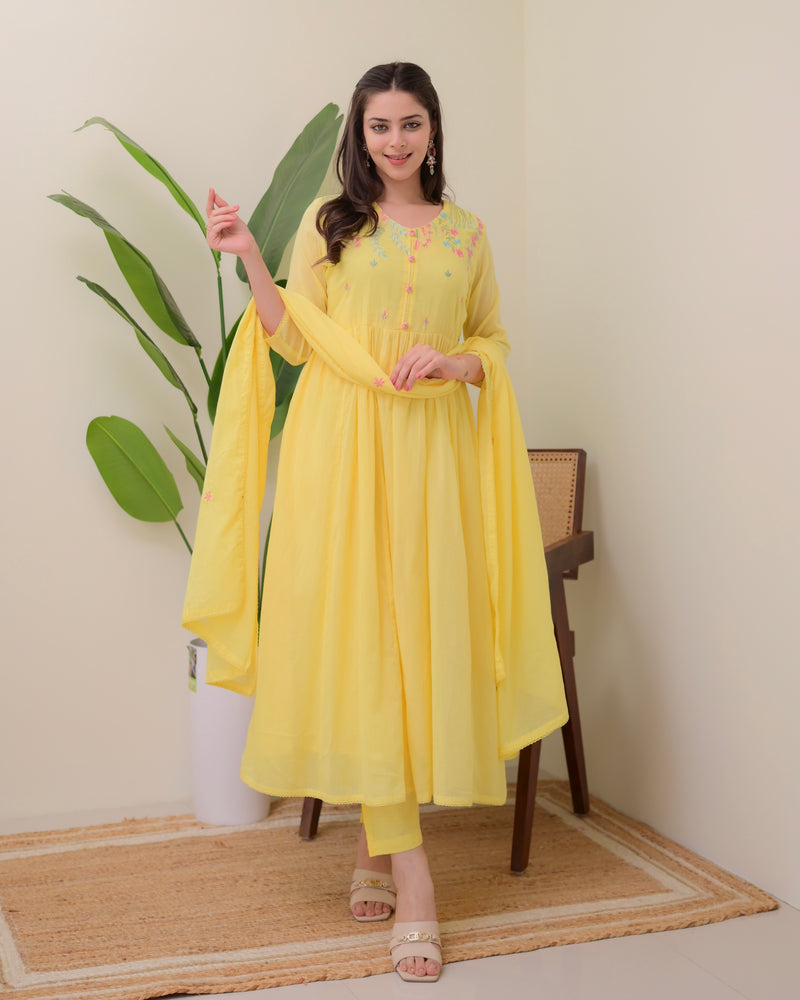 Yellow Mul Cotton Threadwork A Line Suit