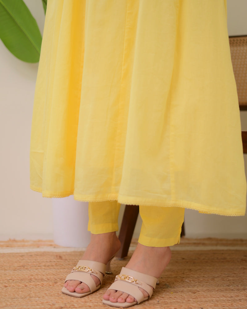 Yellow Mul Cotton Threadwork A Line Suit