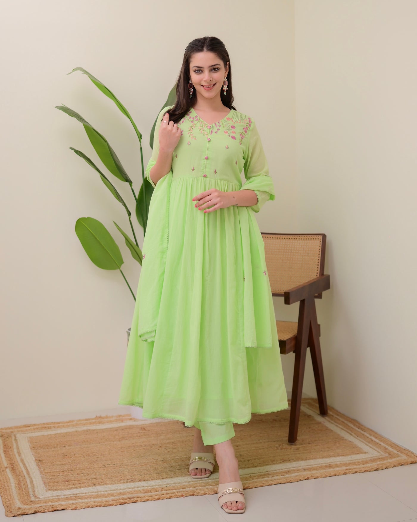 Green Mul Cotton Threadwork A Line Suit