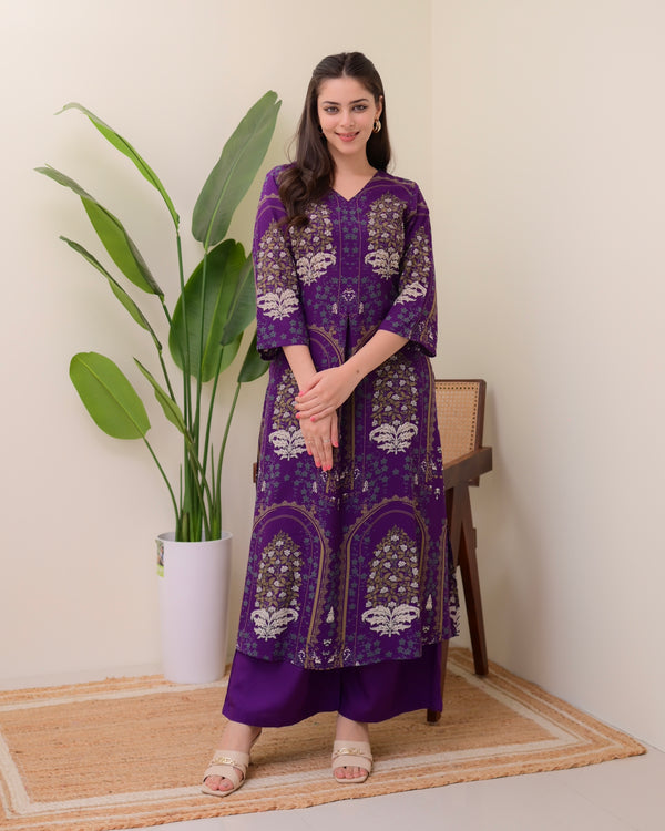 Purple Floral Embroidered Cotton A Line Kurta Palazzo Set