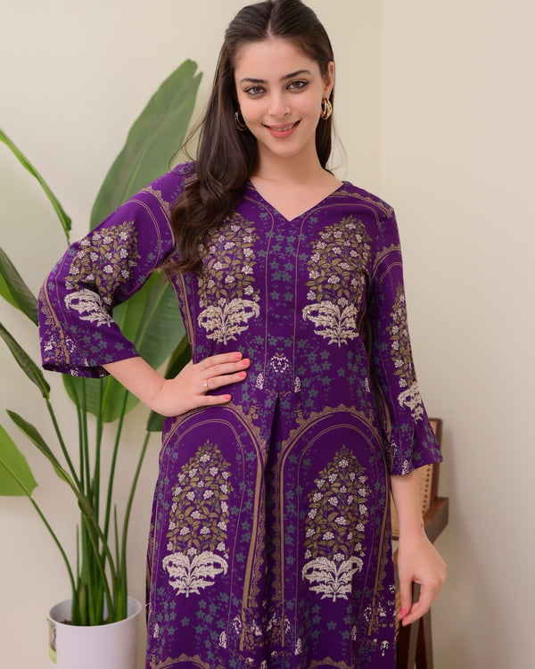 Purple Floral Embroidered Cotton A Line Kurta Palazzo Set