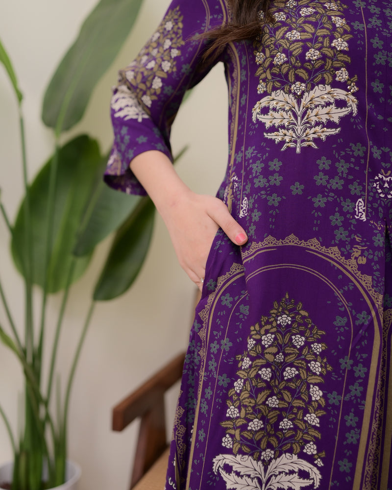 Purple Floral Embroidered Cotton A Line Kurta Palazzo Set