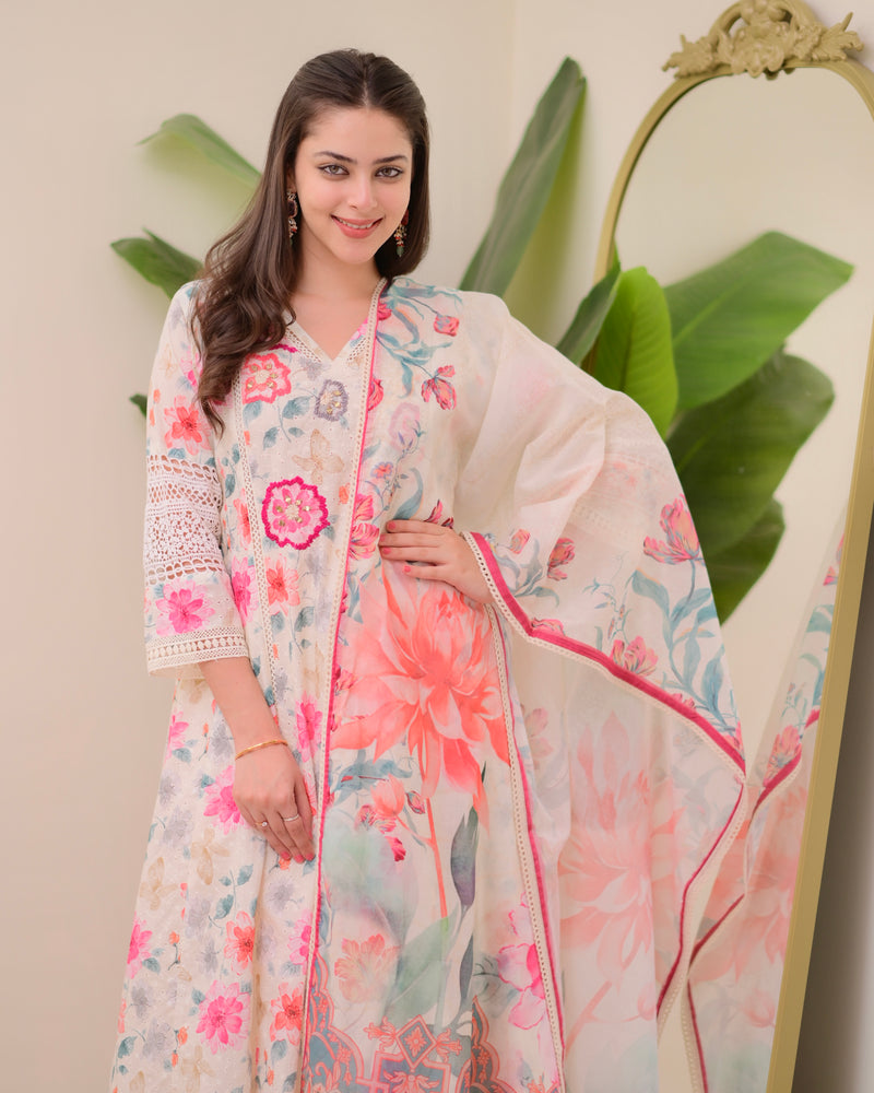 Ivory Pakistani Schiffli Floral Cotton A Line Suit