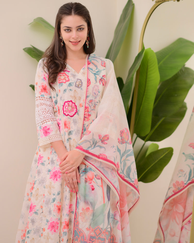 Ivory Pakistani Schiffli Floral Cotton A Line Suit