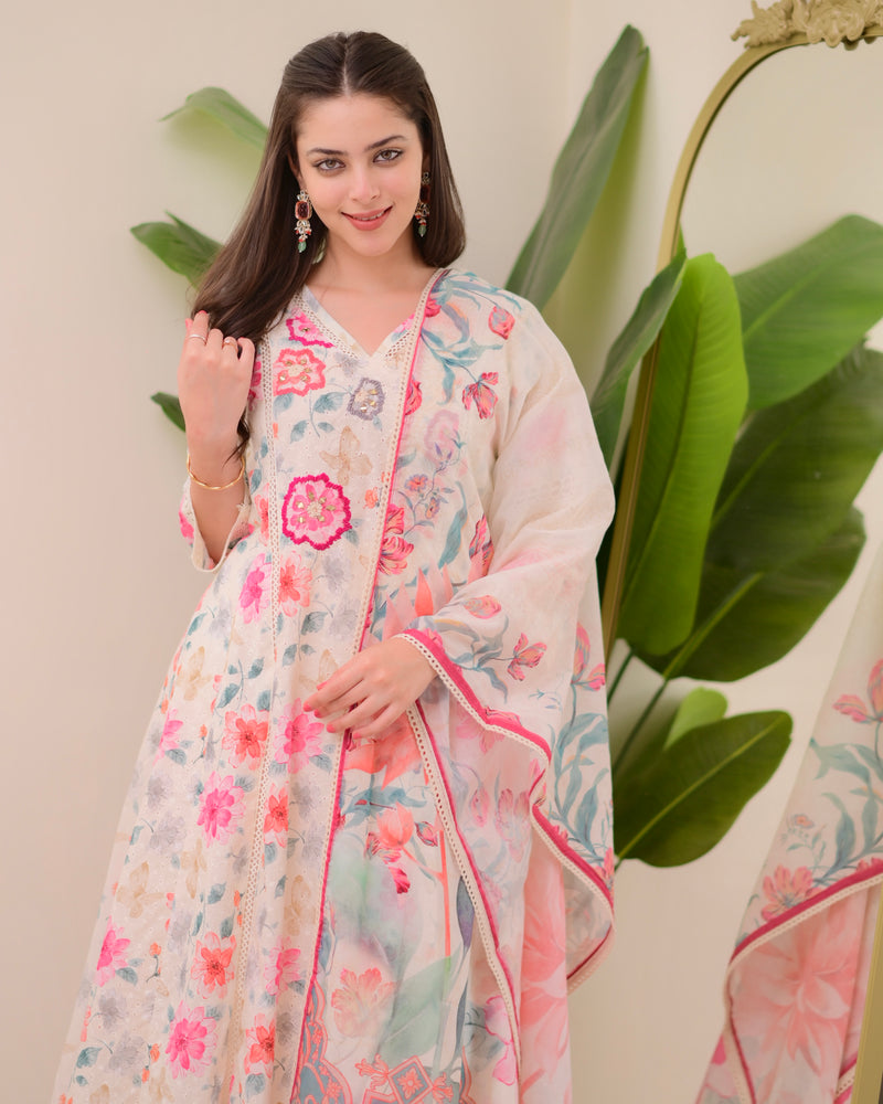 Ivory Pakistani Schiffli Floral Cotton A Line Suit