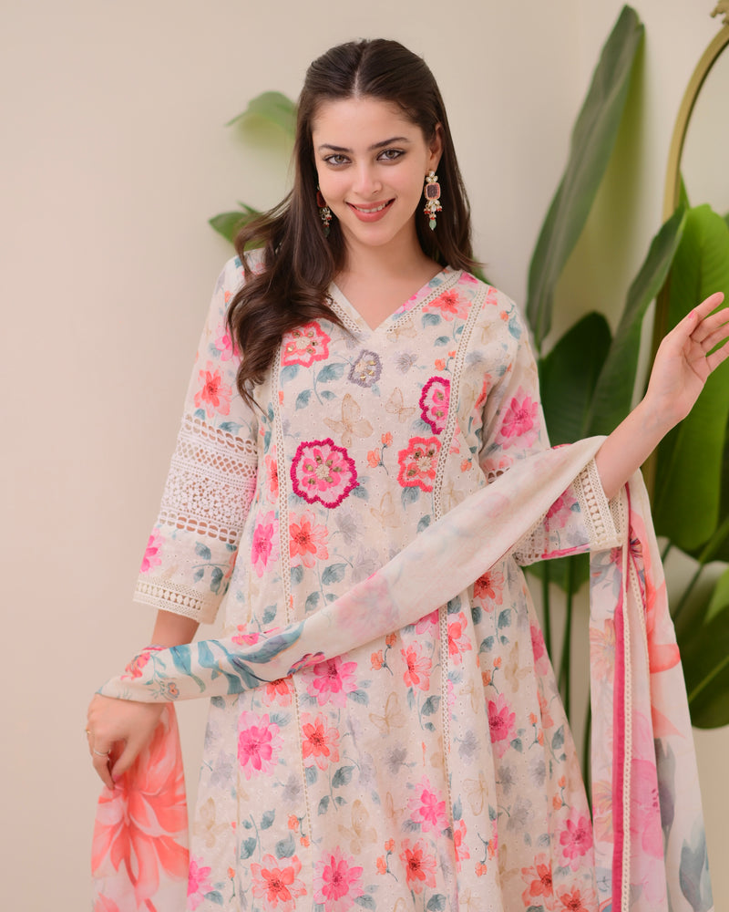 Ivory Pakistani Schiffli Floral Cotton A Line Suit