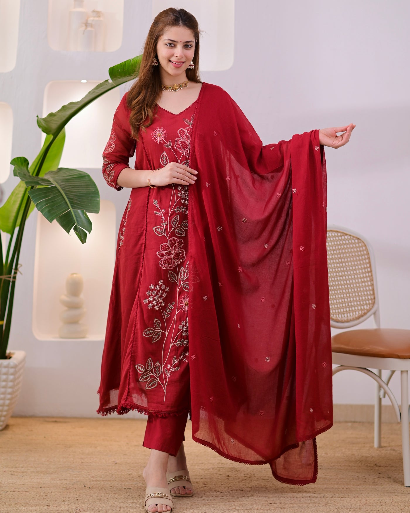 Ruhani Ruby Threadwork Mul Cotton A Line Suit