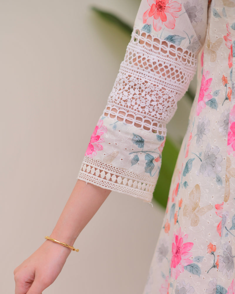 Ivory Pakistani Schiffli Floral Cotton A Line Suit