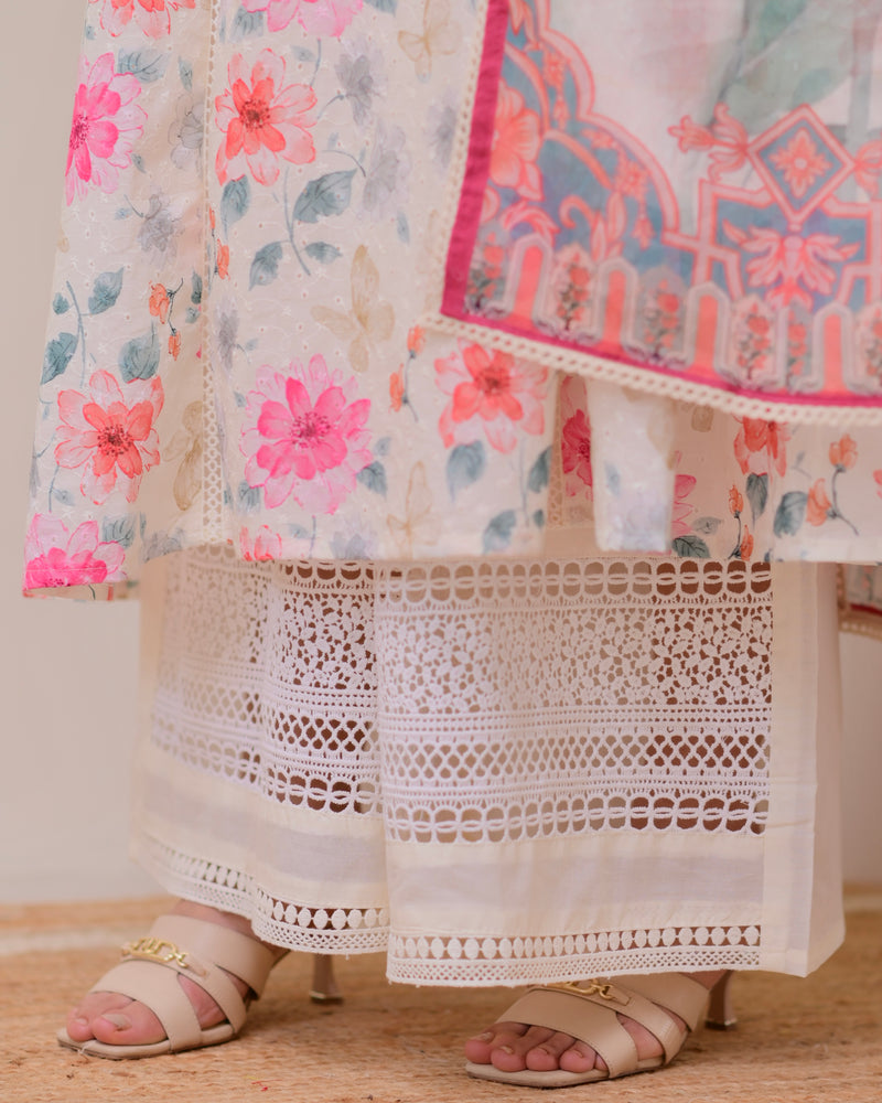 Ivory Pakistani Schiffli Floral Cotton A Line Suit