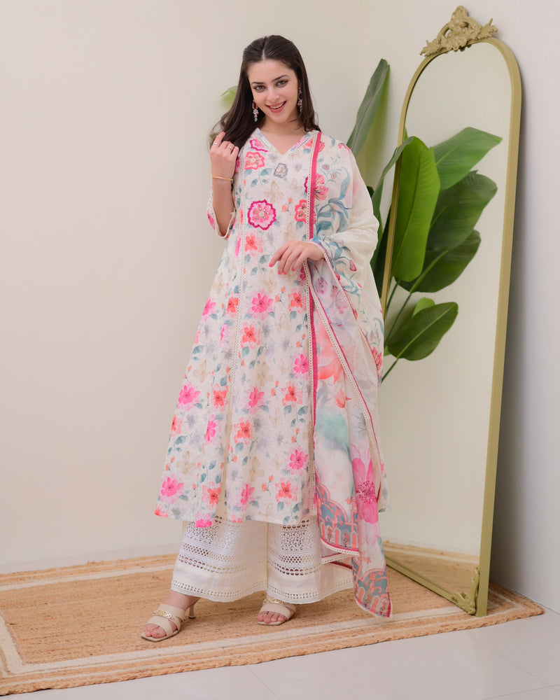 Ivory Pakistani Schiffli Floral Cotton A Line Suit