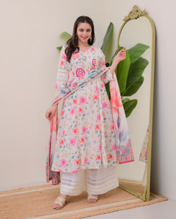Ivory Pakistani Schiffli Floral Cotton A Line Suit