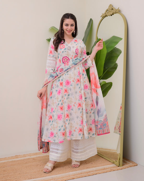 Ivory Pakistani Schiffli Floral Cotton A Line Suit
