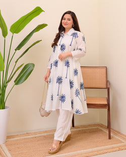 Blue Palm Breeze Mul Cotton A Line Kurta Set