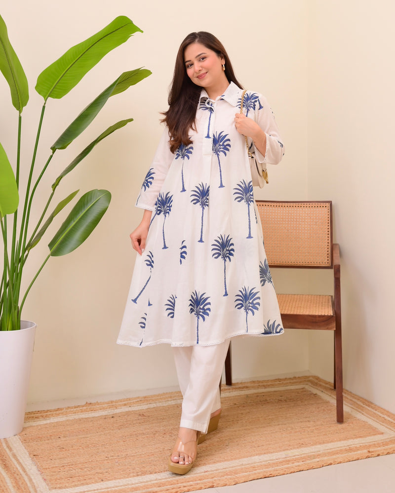 Blue Palm Breeze Mul Cotton A Line Kurta Set