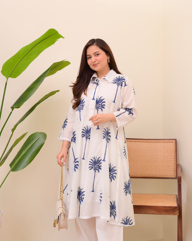 Blue Palm Breeze Mul Cotton A Line Kurta Set