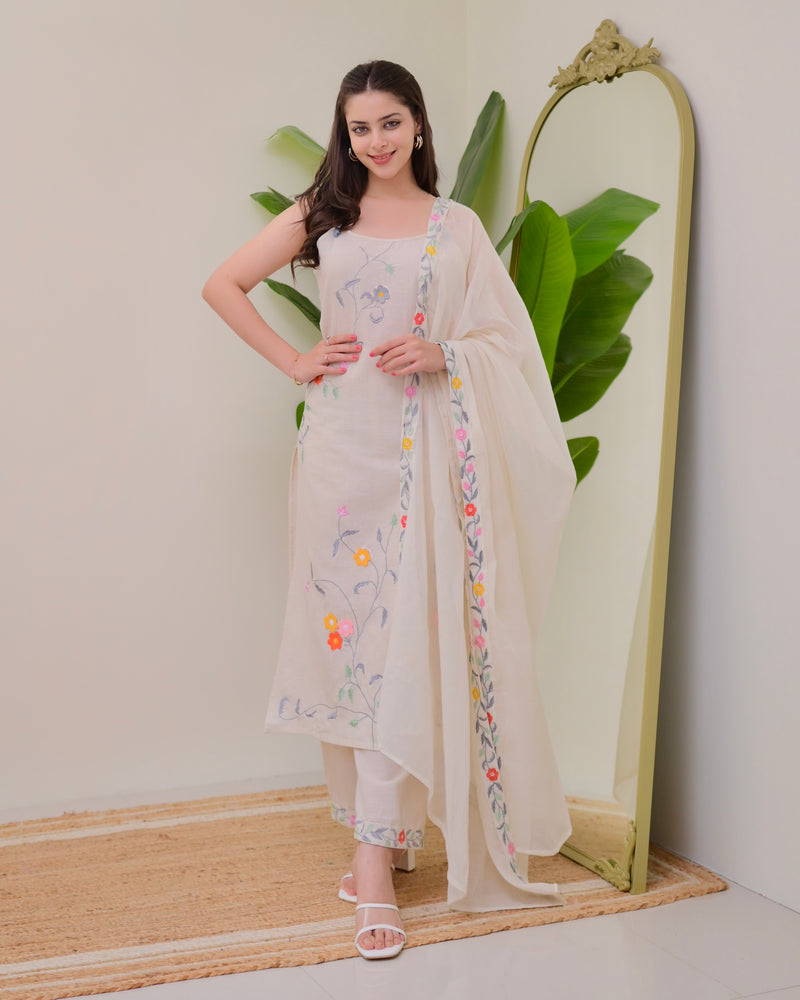 Ivory Linen Floral Threadwork Suit