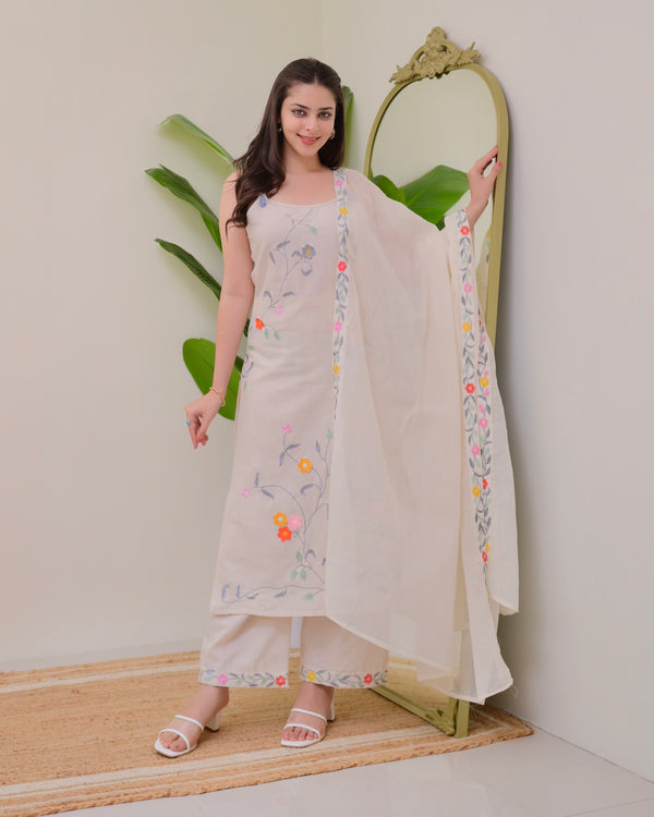 Ivory Linen Floral Threadwork Suit