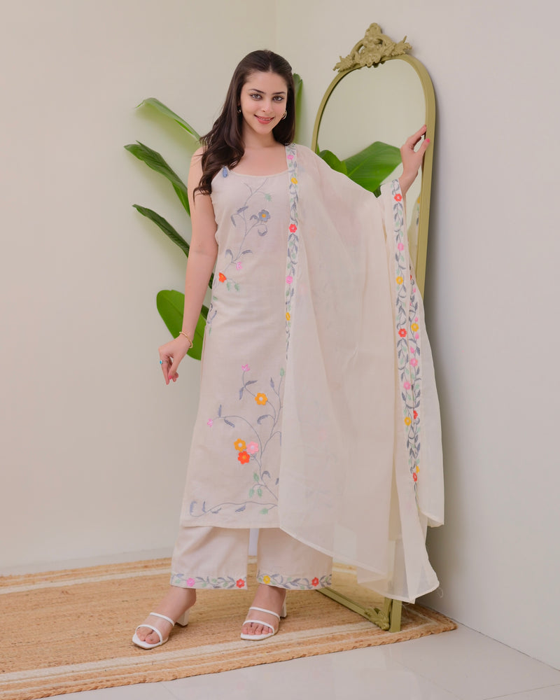 Ivory Linen Floral Threadwork Suit