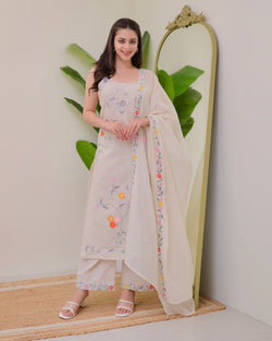 Ivory Linen Floral Threadwork Suit