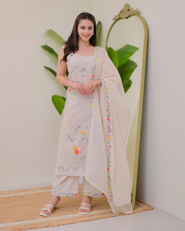 Ivory Linen Floral Threadwork Suit