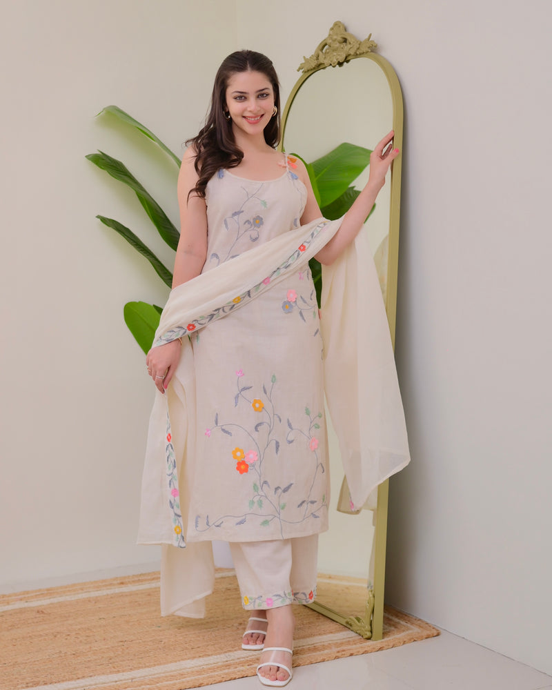 Ivory Linen Floral Threadwork Suit