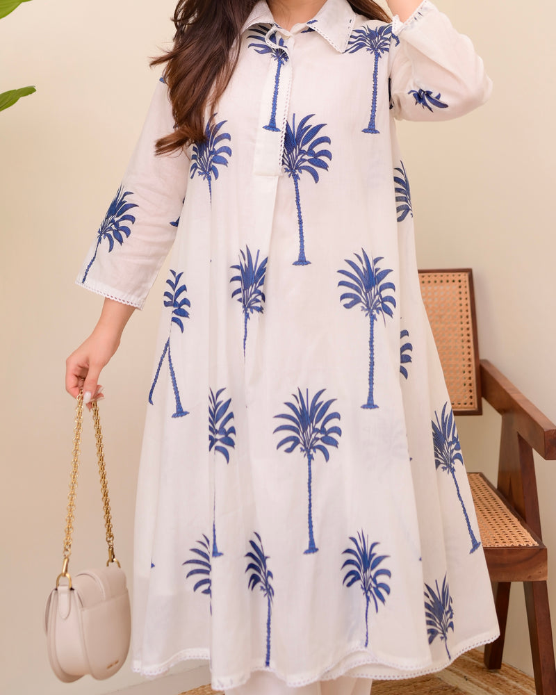 Blue Palm Breeze Mul Cotton A Line Kurta Set