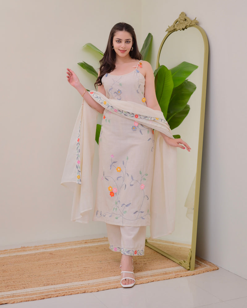 Ivory Linen Floral Threadwork Suit