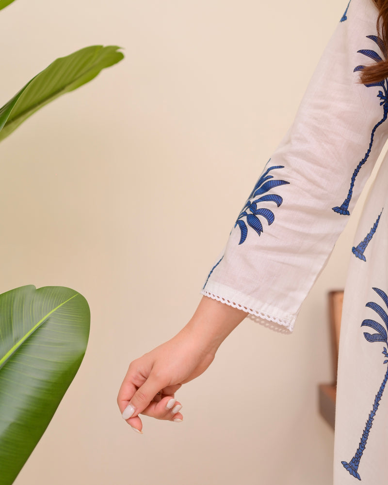 Blue Palm Breeze Mul Cotton A Line Kurta Set