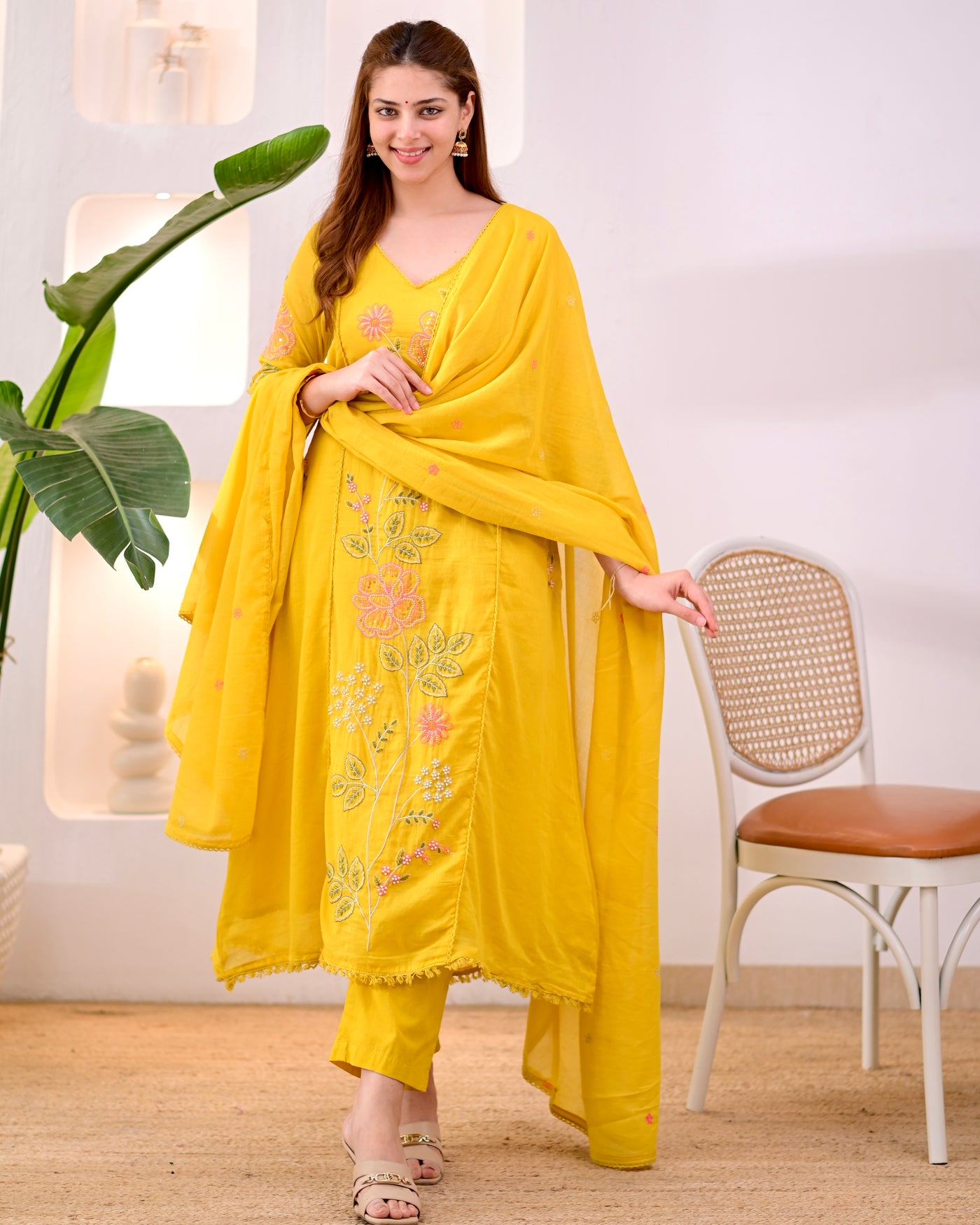 Sunehri Blossom Threadwork Mul Cotton A Line Suit