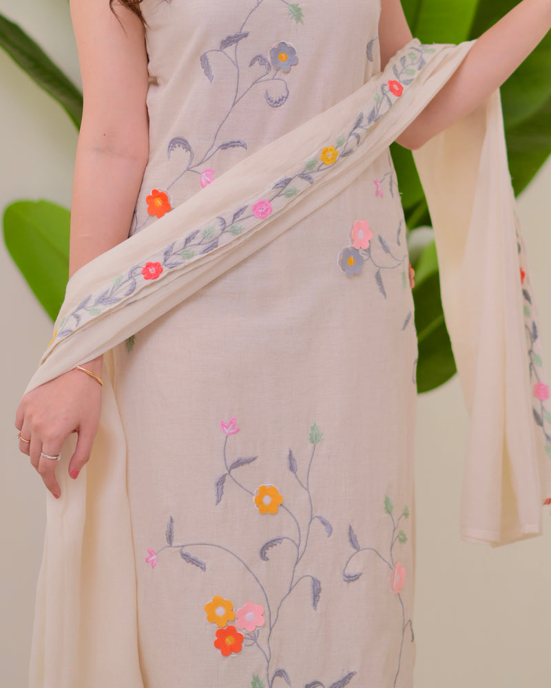 Ivory Linen Floral Threadwork Suit