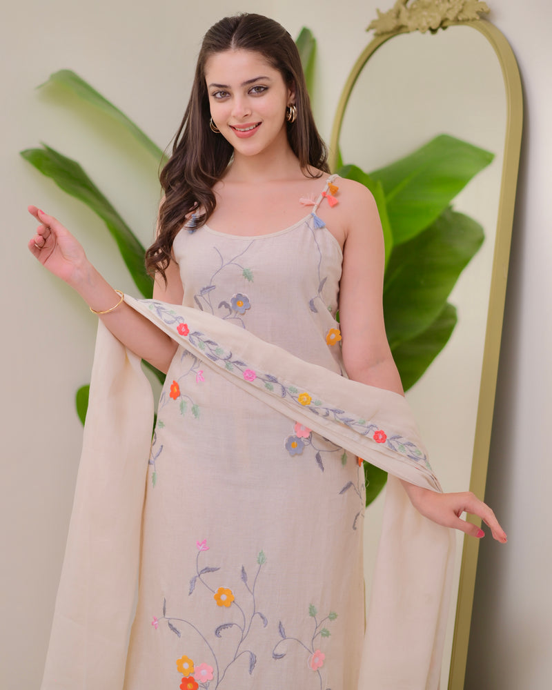 Ivory Linen Floral Threadwork Suit