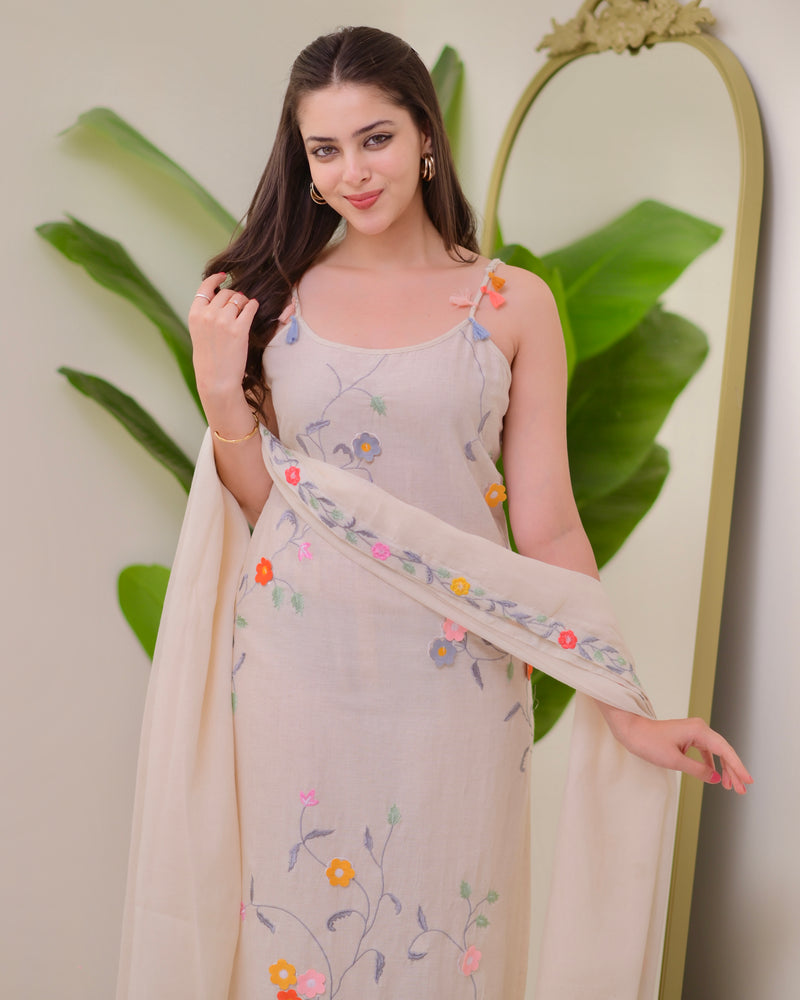 Ivory Linen Floral Threadwork Suit