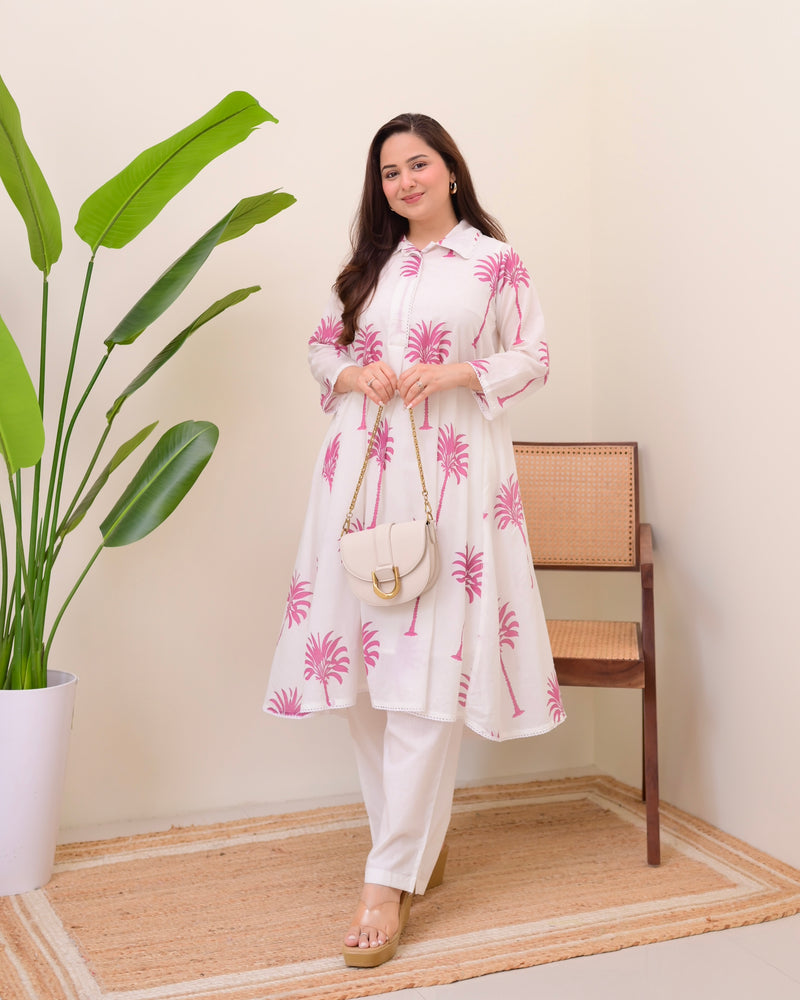Pink Palm Breeze Mul Cotton A Line Kurta Set