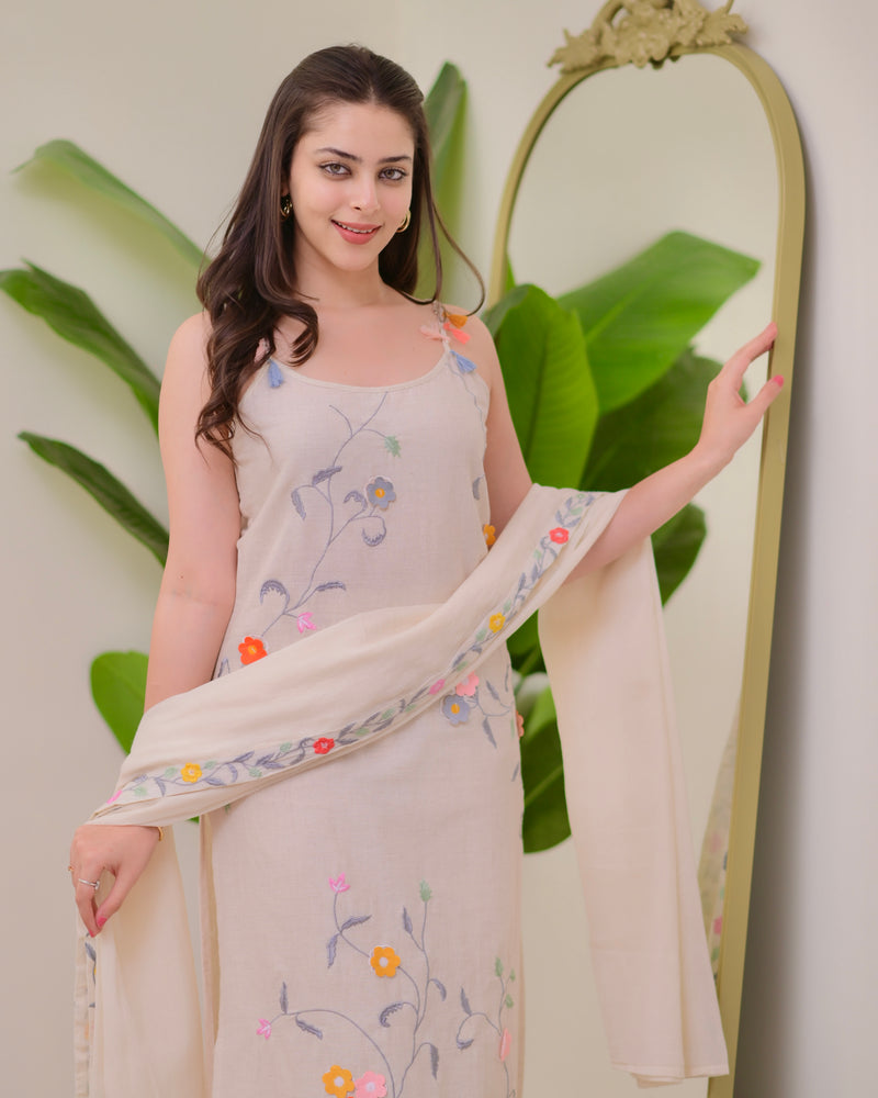 Ivory Linen Floral Threadwork Suit